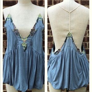 Free People Flowy Flower Embroidered Sexy Deep V Boho Gypsy Jean Tank M/L